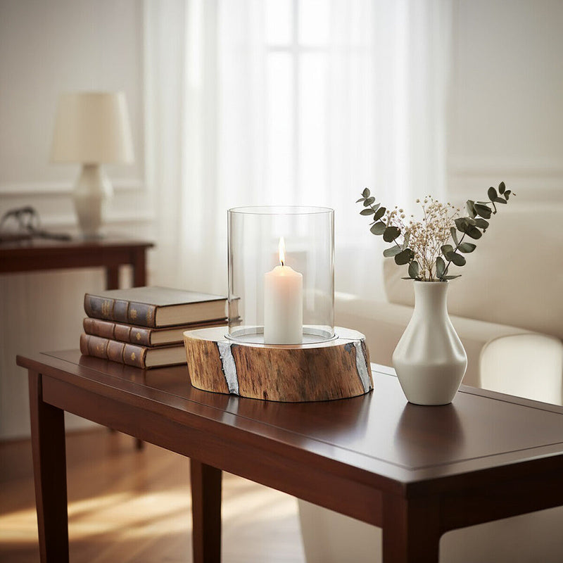Large Acacia and Glass Hurricane Candle Holder | Almora