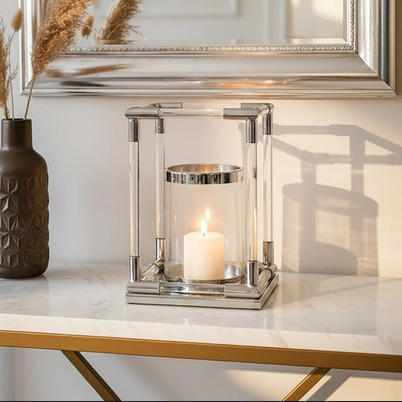 Lucita  Small Candle Holder in  Silver Finish and Acrylic