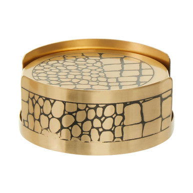 Set of 4 Gold Finish Croc Pattern Coasters and Holder | Meko