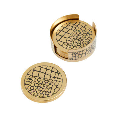 Set of 4 Gold Finish Croc Pattern Coasters and Holder | Meko