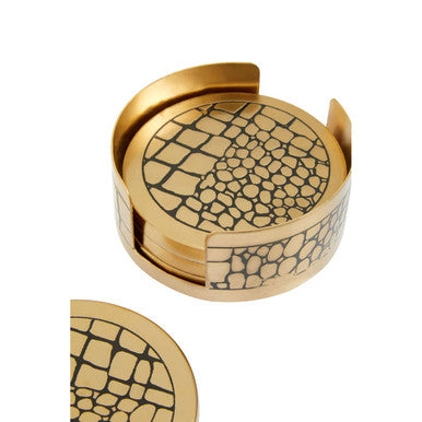 Set of 4 Gold Finish Croc Pattern Coasters and Holder | Meko