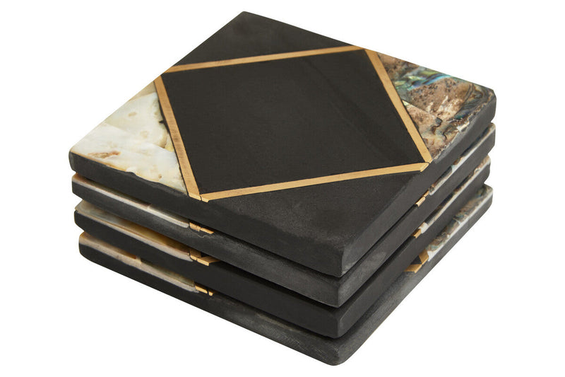 Set of 4 Black Slate with Mother of Pearl Inlay Coasters | Oriana