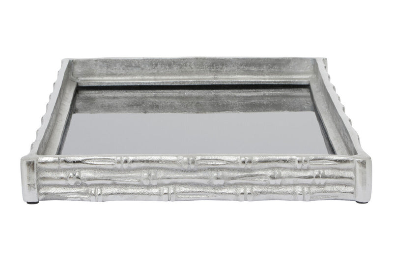Silver Finish Bamboo Effect Mirrored Tray | Hiba