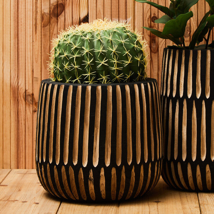 Large Engraved Natural and Black Wooden Planter | Arlo