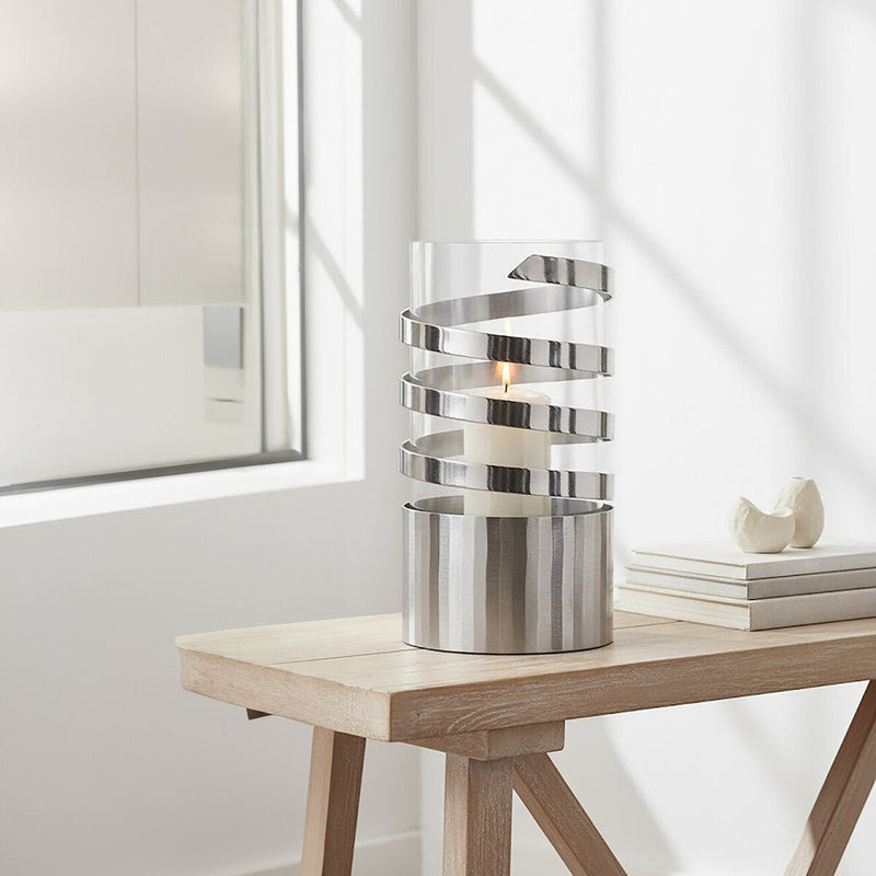 Large Vertical Textured Silver Metal Hurricane Candle Holder | Amreli