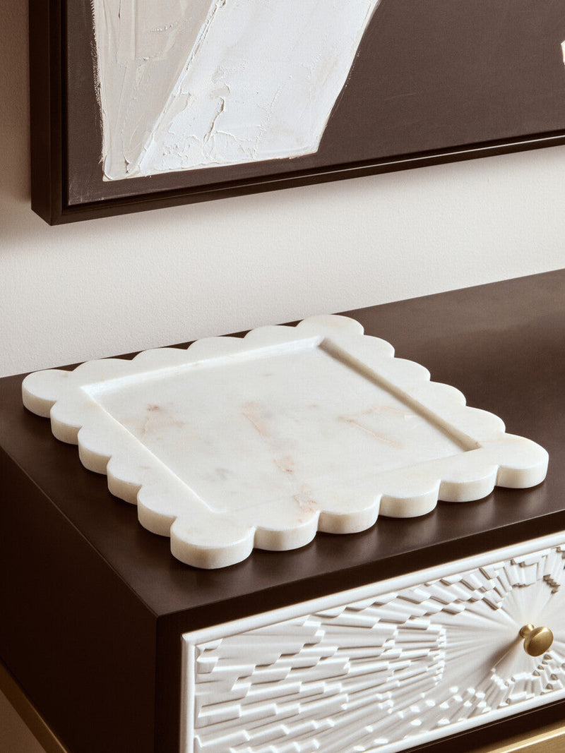 White Marble Square Large Tray with Scallop Edges | Savio
