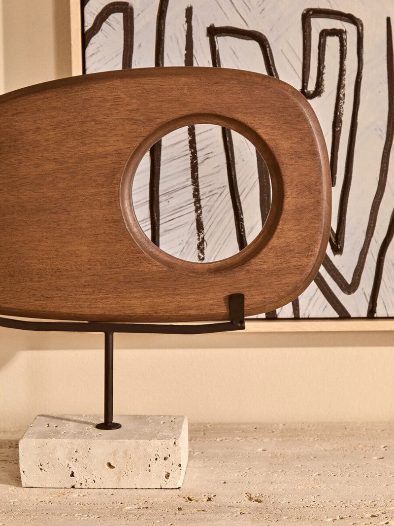 Natural Wood Horizontal Sculpture with Travertine Base | Westo