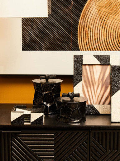Set of Four Black and White Coasters with Holder | Ezra