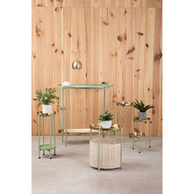 Green Metallic Console Table with Polished Gold Top and Two-Tier Shelves, Sabia