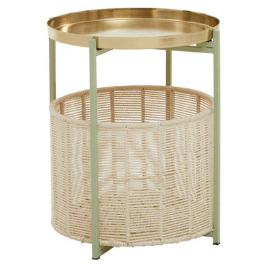 Green Iron Two-Tier Side Table with Gold Finish Iron Top and Natural Cotton Lower Storage, Sabia