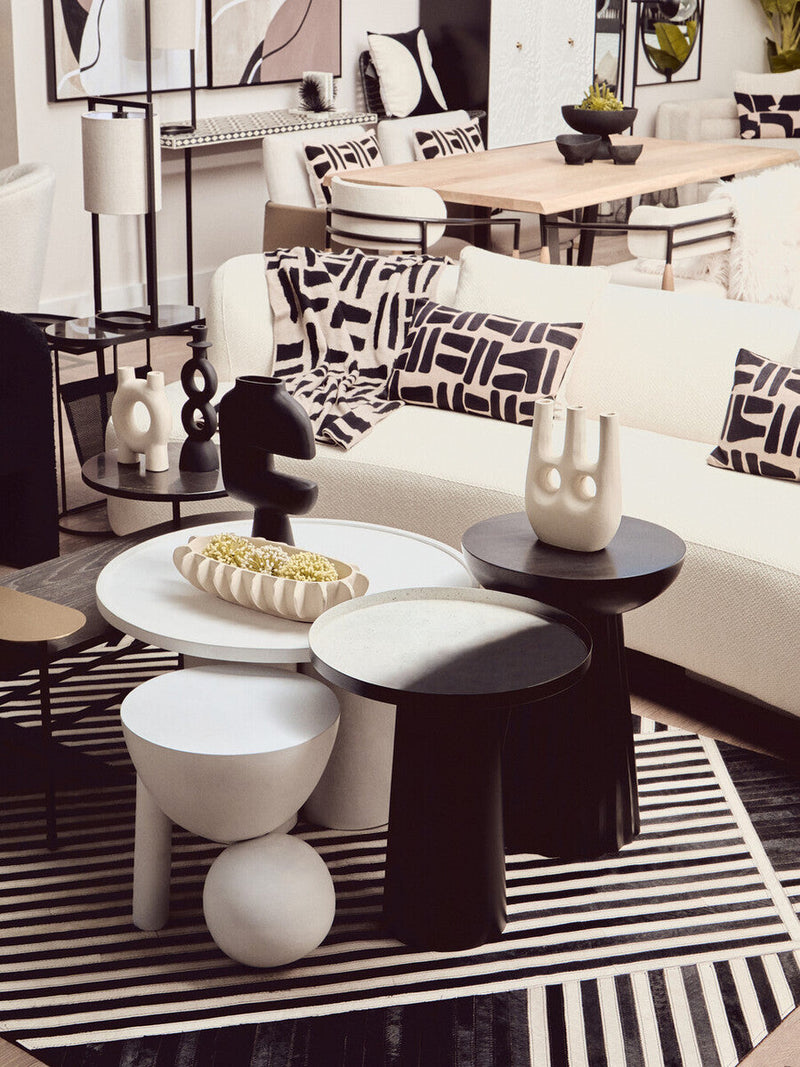 Black and White Round Metal Top Side Table with Black Pedestal Base | Ramus