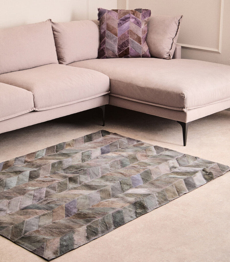 Bosie Small Grey Hair on Leather Chevron Patchwork Rug | Safira