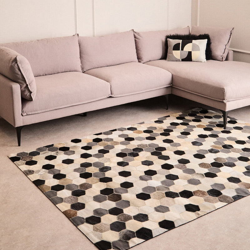 Bosie Large Hair on Leather Hexagon Patchwork Rug | Safira