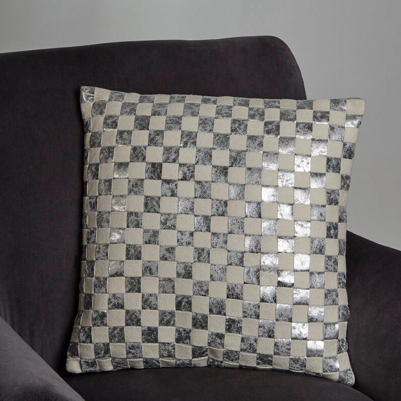 Bosie Square Ivory and Silver Check Cushion | Kensington Townhouse