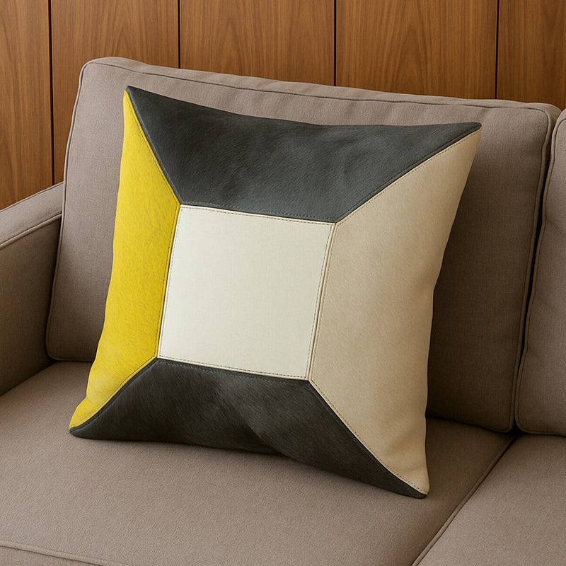 Bosie Geometric Hair on Leather Patchwork Cushion | Safira