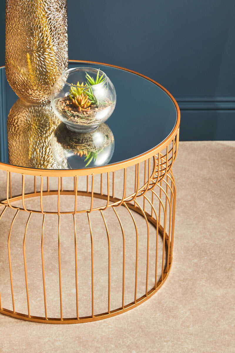 Round Gold Wireframe Side Table with Mirrored Top | Avantis