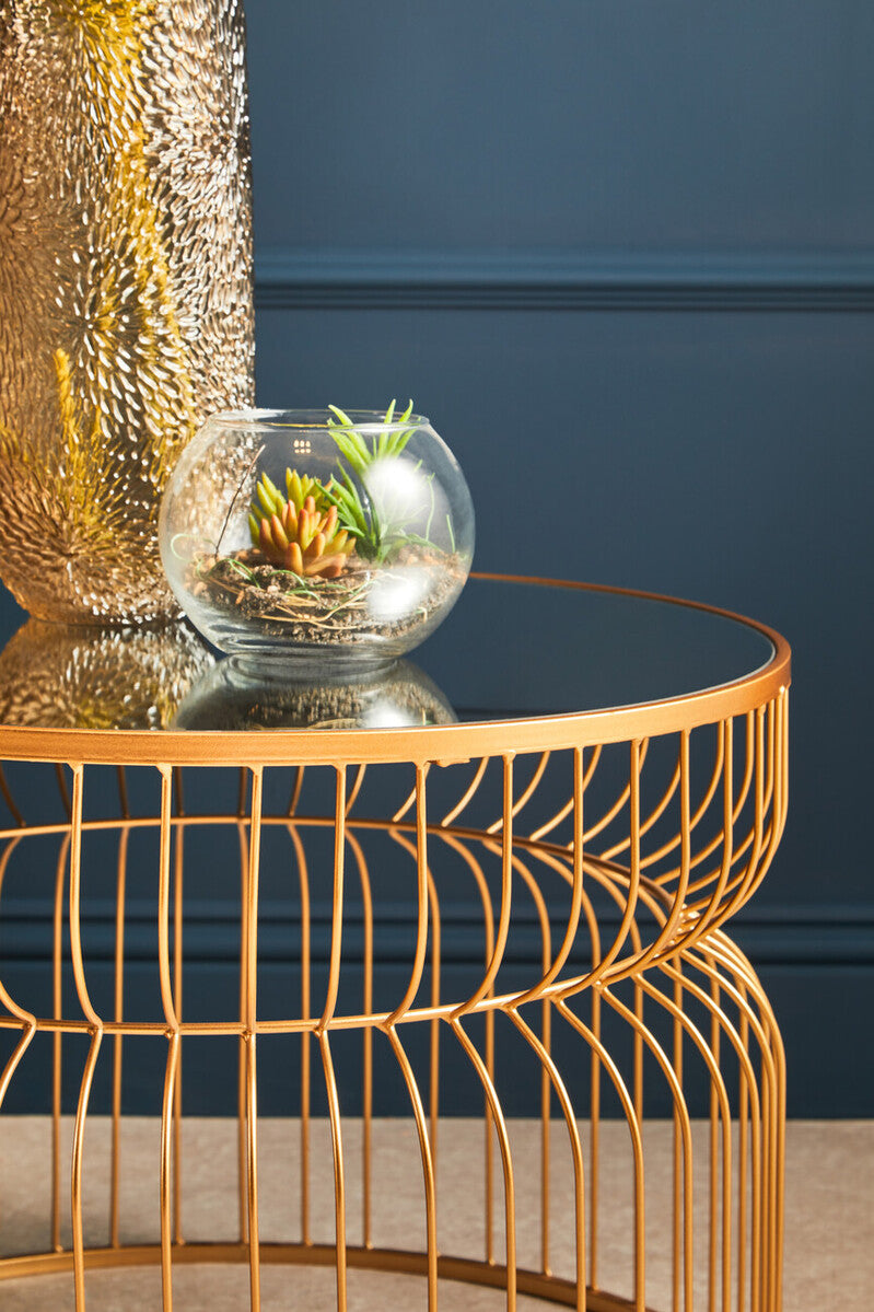 Round Gold Wireframe Side Table with Mirrored Top | Avantis