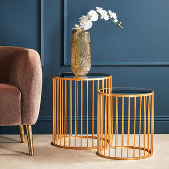 Set of 2 Mirror Top Round Side Tables with Gold Frame | Avantis