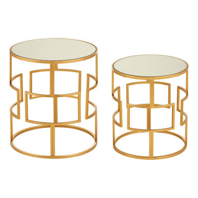 Set of 2 Glass Round Top Side Tables with Gold Metal Rectangular Sections Frame | Avantis