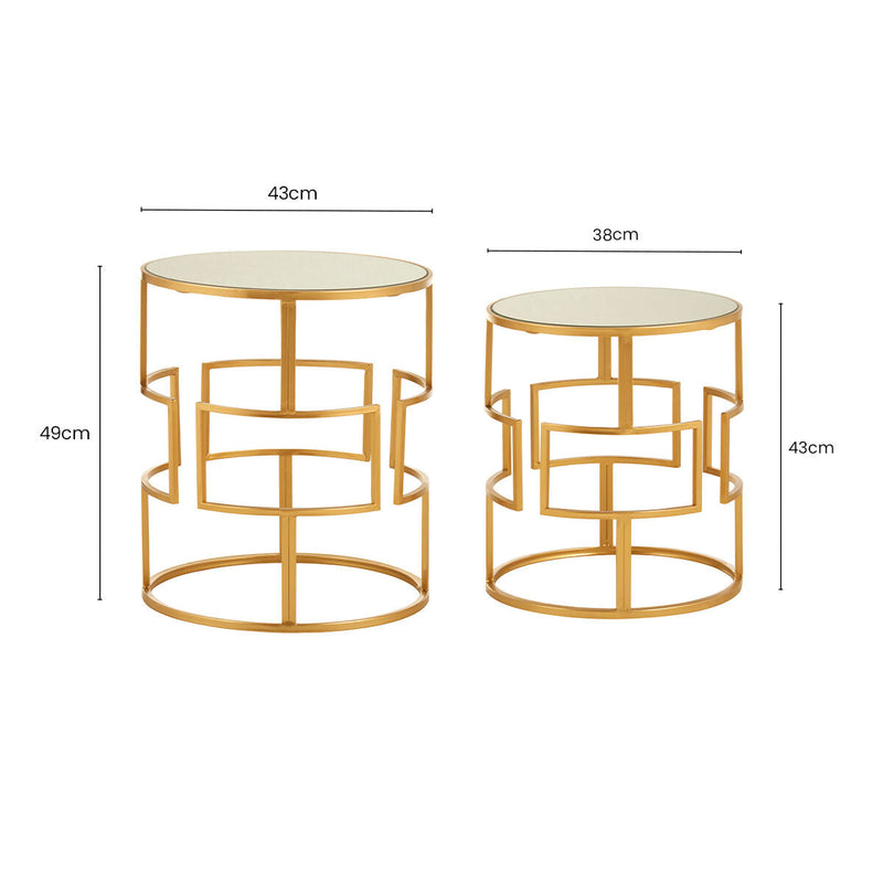 Set of 2 Glass Round Top Side Tables with Gold Metal Rectangular Sections Frame | Avantis