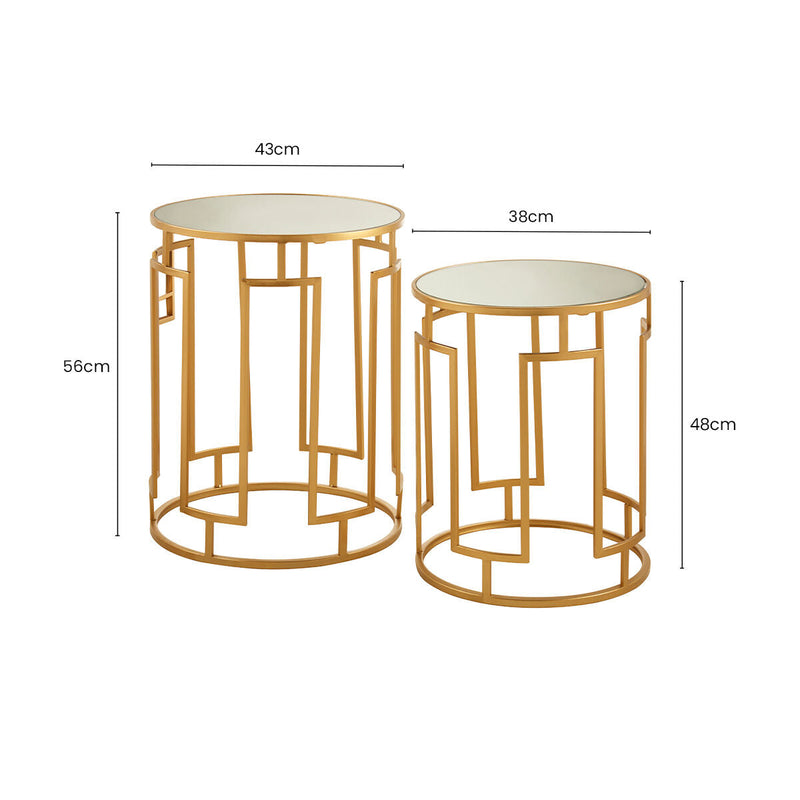 Set of 2 Gold Mirrored Top Round Side Tables with Gold Metal Frame | Avantis