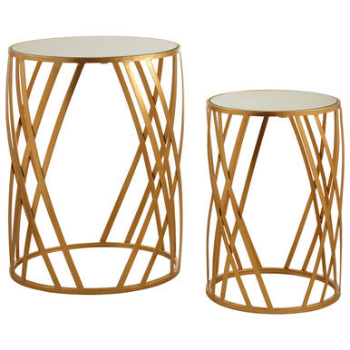 Set of 2 Gold Mirrored Glass Top Side Tables with Gold Metal Cross Design Frame | Avantis