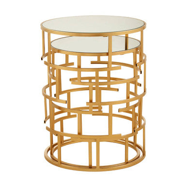 Set of 2 Mirrored Glass Top and Gold Maze Design Base Side Tables | Avantis