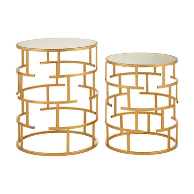 Set of 2 Mirrored Glass Top and Gold Maze Design Base Side Tables | Avantis