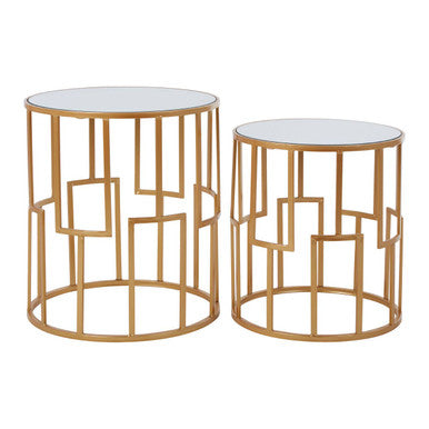Set of 2 White Mirrored Glass Top and Gold Metal Frame Round Side Tables | Avantis