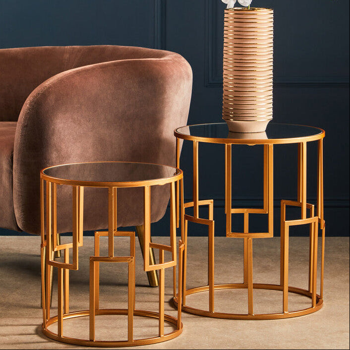 Set of 2 White Mirrored Glass Top and Gold Metal Frame Round Side Tables | Avantis