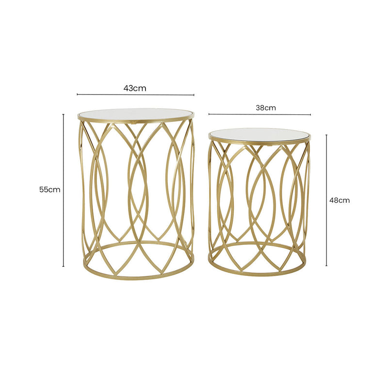 Set of 2 Mirrored Glass Top and Gold Champagne Finish Metal Frame Side Tables | Avantis