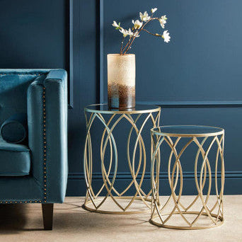 Set of 2 Mirrored Glass Top and Gold Champagne Finish Metal Frame Side Tables | Avantis
