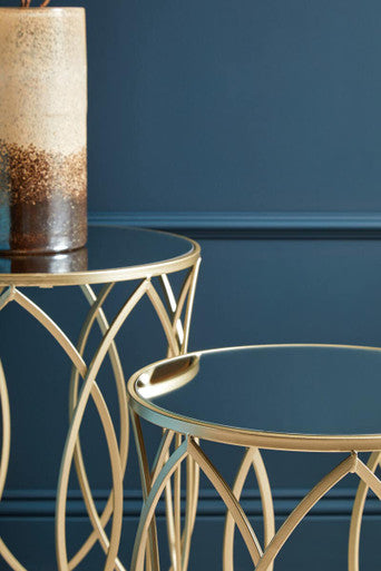 Set of 2 Mirrored Glass Top and Gold Champagne Finish Metal Frame Side Tables | Avantis