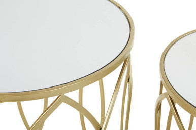 Set of 2 Mirrored Glass Top and Gold Champagne Finish Metal Frame Side Tables | Avantis