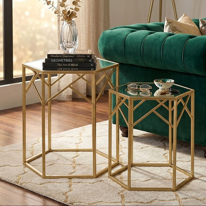 Set of 2 Gold Hexagonal Frame Side Tables with Mirrored Glass Top | Avantis