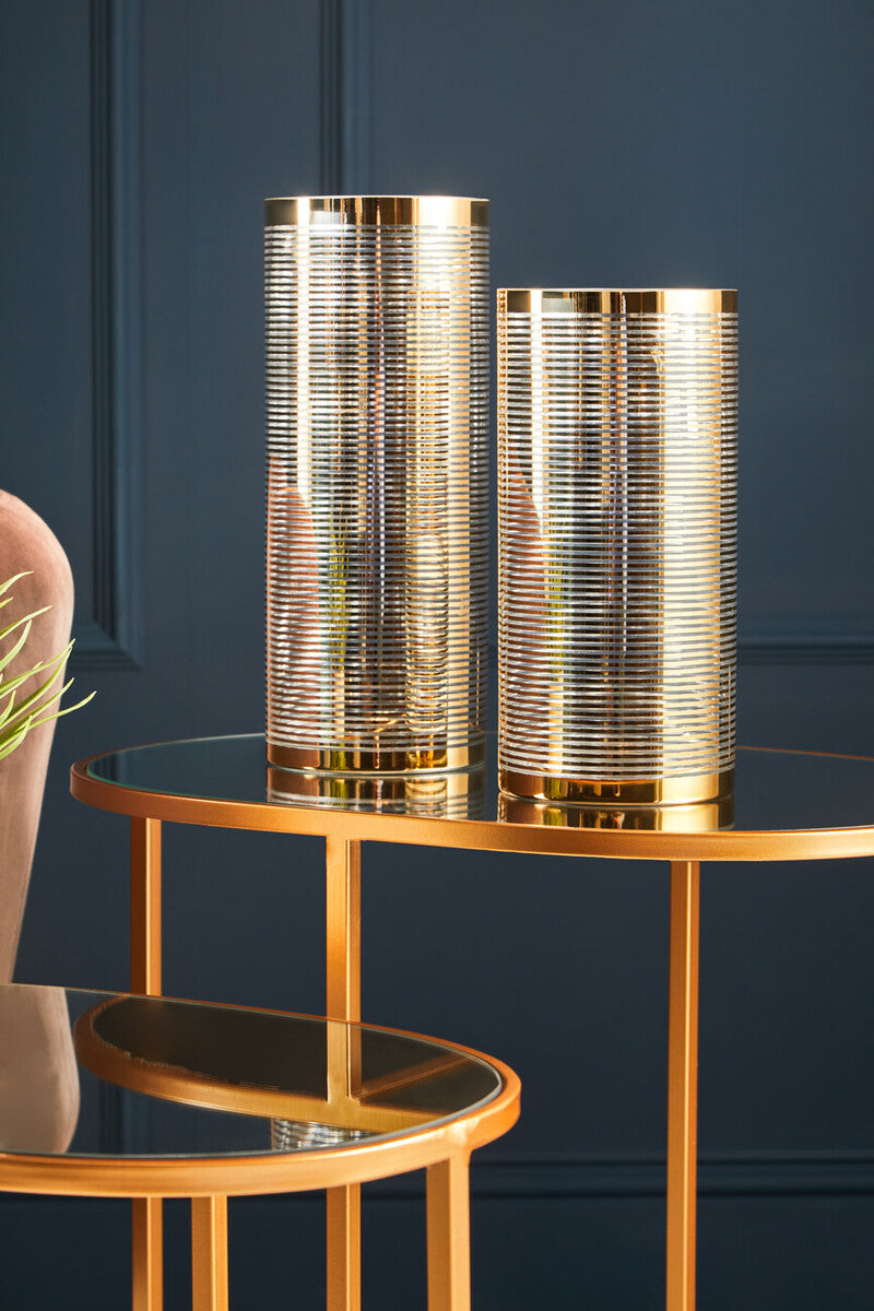 Set of 2 Mirrored Glass Oval Top Side Tables with Gold Finish Metal Frame | Avantis