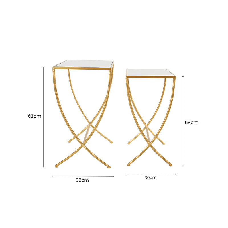 Set of 2 Mirrored Glass Top Rectangular Side Tables with Gold Metal Frame | Avantis