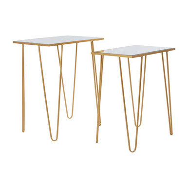 Set of 2 Mirrored Glass Top Rectangular Side Tables with Gold Metal Hairpin Legs | Avantis