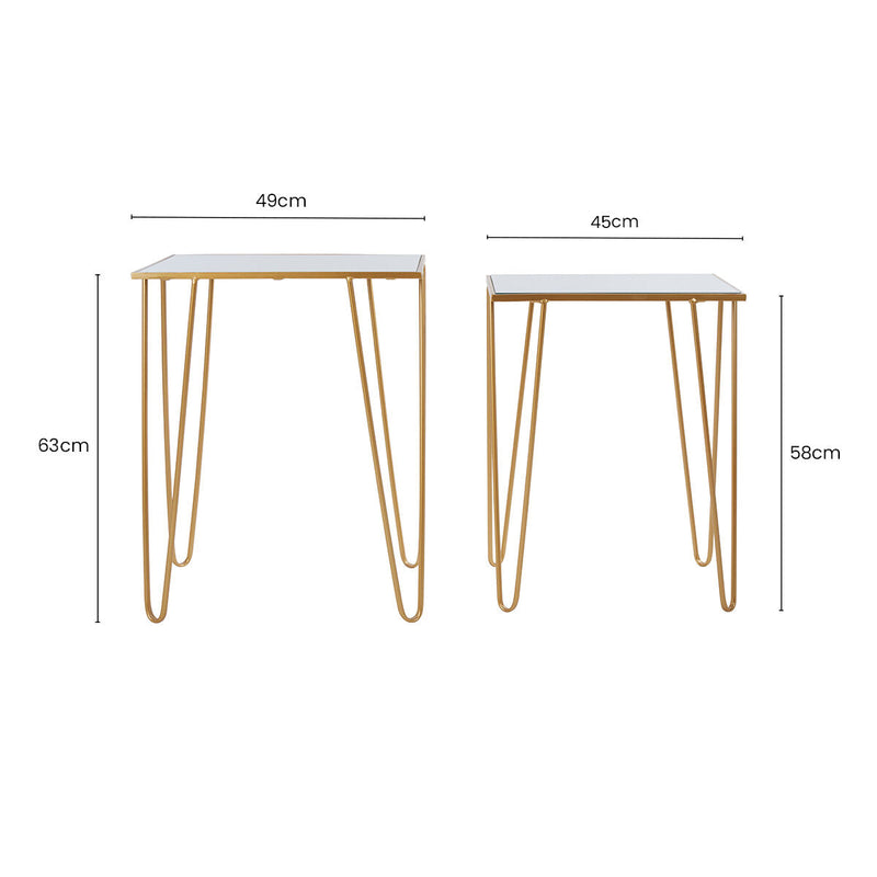 Set of 2 Mirrored Glass Top Rectangular Side Tables with Gold Metal Hairpin Legs | Avantis