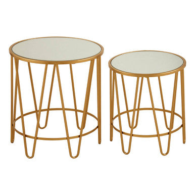 Set of 2 Mirrored Glass Top Side Tables with Gold Hairpin Legs Rounded Design | Avantis