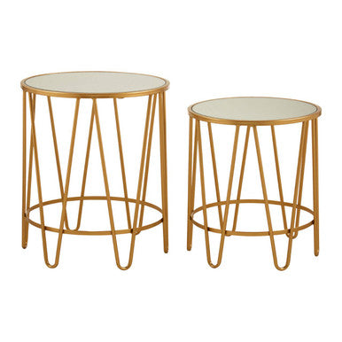 Set of 2 Mirrored Glass Top Side Tables with Gold Hairpin Legs Rounded Design | Avantis