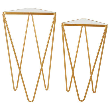 Set of 2 Mirrored Glass Triangle Top Side Tables with Gold Hairpin Legs | Avantis