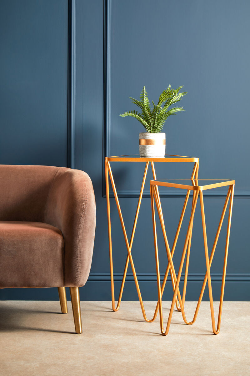 Set of 2 Mirrored Glass Triangle Top Side Tables with Gold Hairpin Legs | Avantis