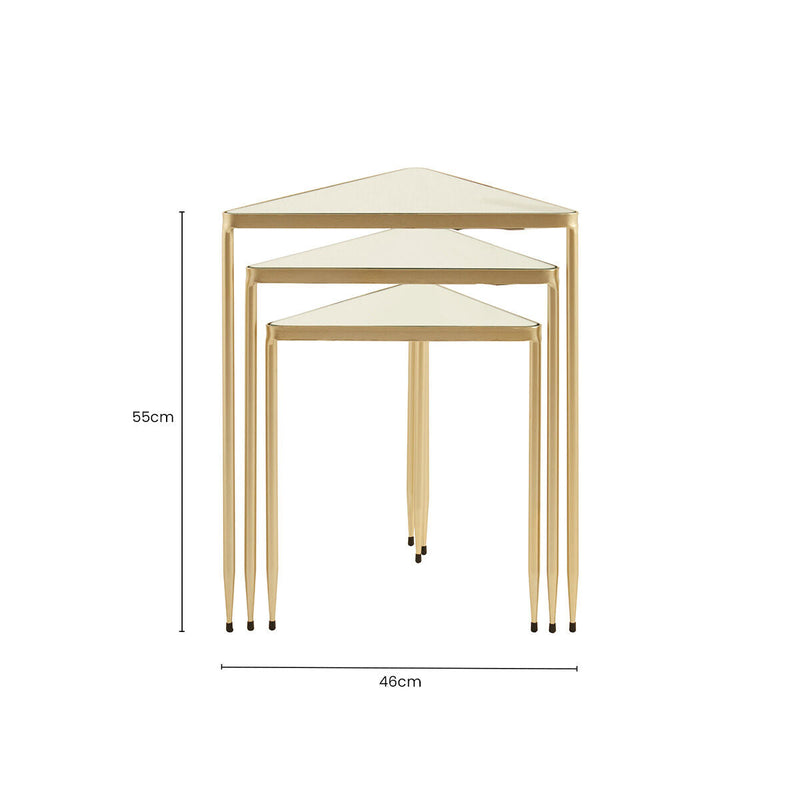 Set of 3 Mirrored Glass Top Triangle Nesting Tables with Gold Champagne Metal Frame | Avantis