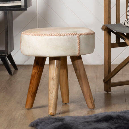Hair on Leather and Teak Stool | Kendari