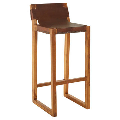 Brown Leather Bar Chair with Teak Wood Frame | Kendari