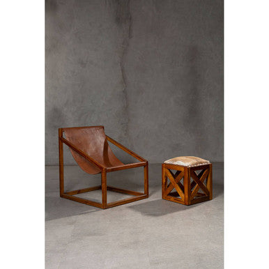 Hair on Leather and Teak Wood Square Stool | Kendari
