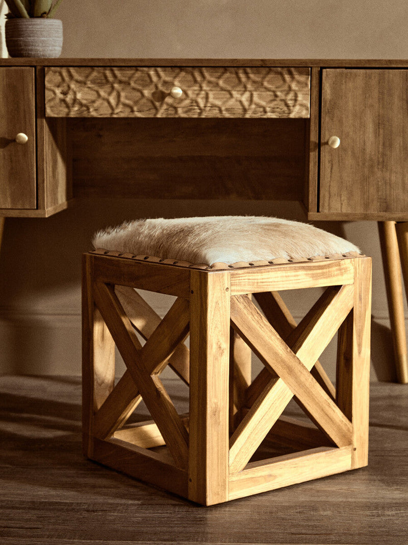 Hair on Leather and Teak Wood Square Stool | Kendari