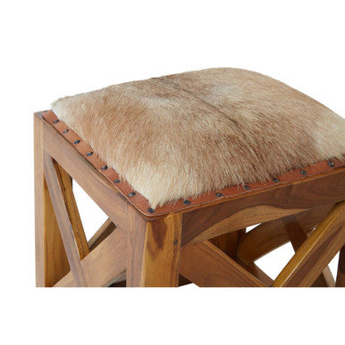 Hair on Leather and Teak Wood Square Stool | Kendari