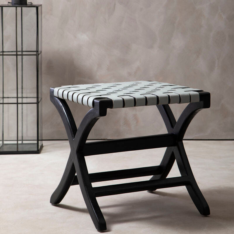 Woven Grey Leather and Black Teak Stool | Kendari